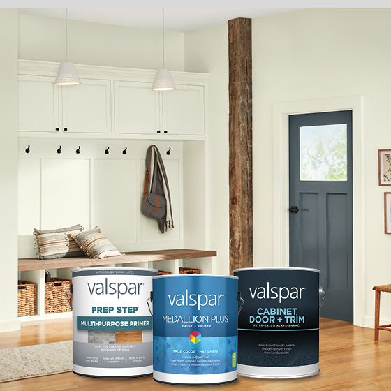 A mudroom of a modern home and cans of Valspar Prep Step®, Medallion® Plus, and Cabinet, Door + Trim paint.