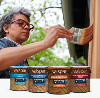 Painter in red glasses with stain brush. Valspar Exterior Stain & Sealer: Clear, Transparent, Semi-Transparent and Solid.