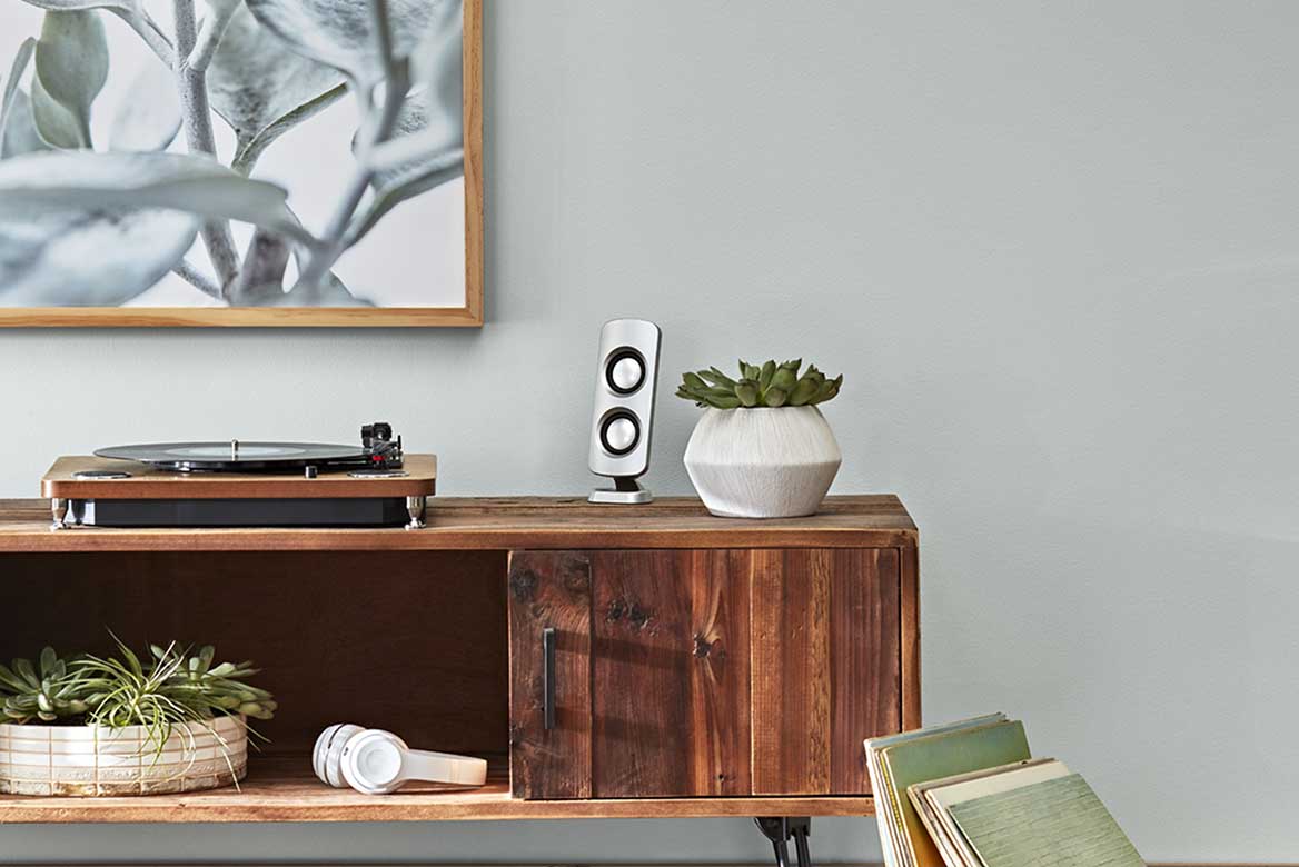 Retro-inspired record player on rustic console against light, blue-green wall and wood-framed botanic photography. 